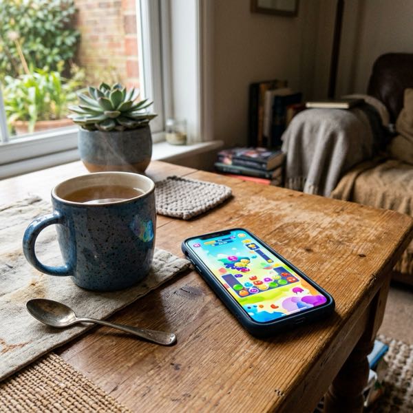 Amateuraufnahme eines Smartphones auf einem gemütlichen Holztisch